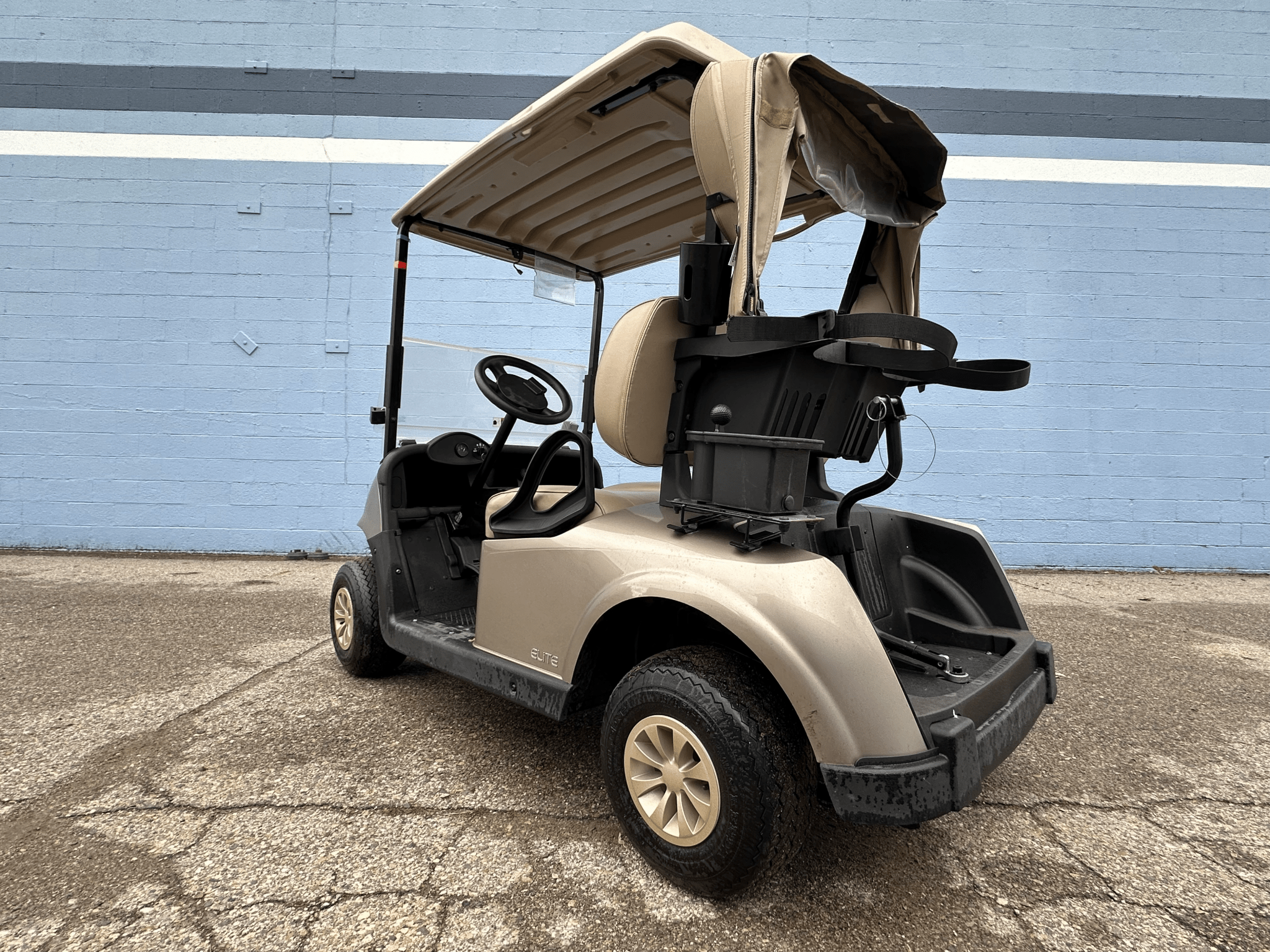 Arizona Beige EZGO Golf Cart with Rain Cover, Ball and Club Cleaner - Chief Cart Inc.
